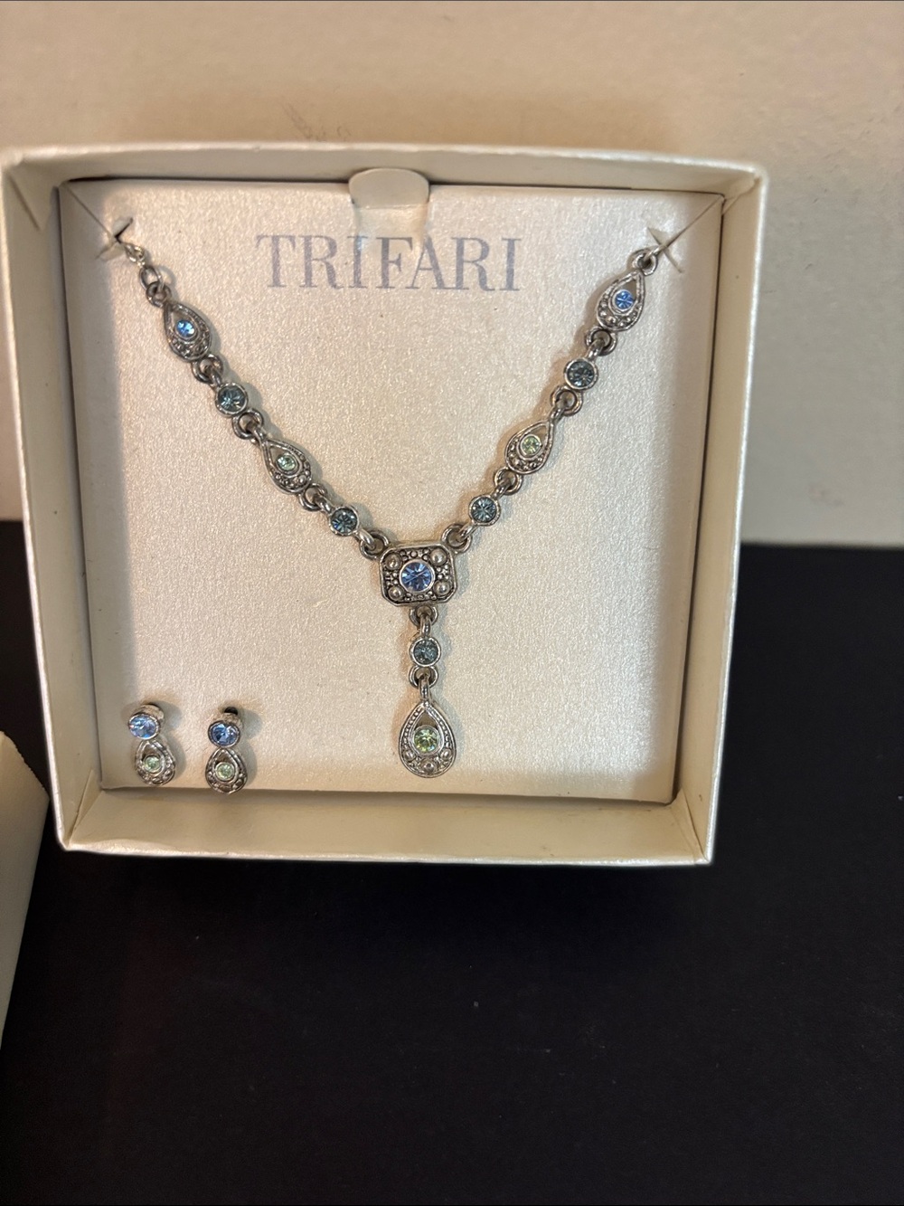 Vintage Trifari Y Necklace with Matching Teardrop Earrings in Original Box